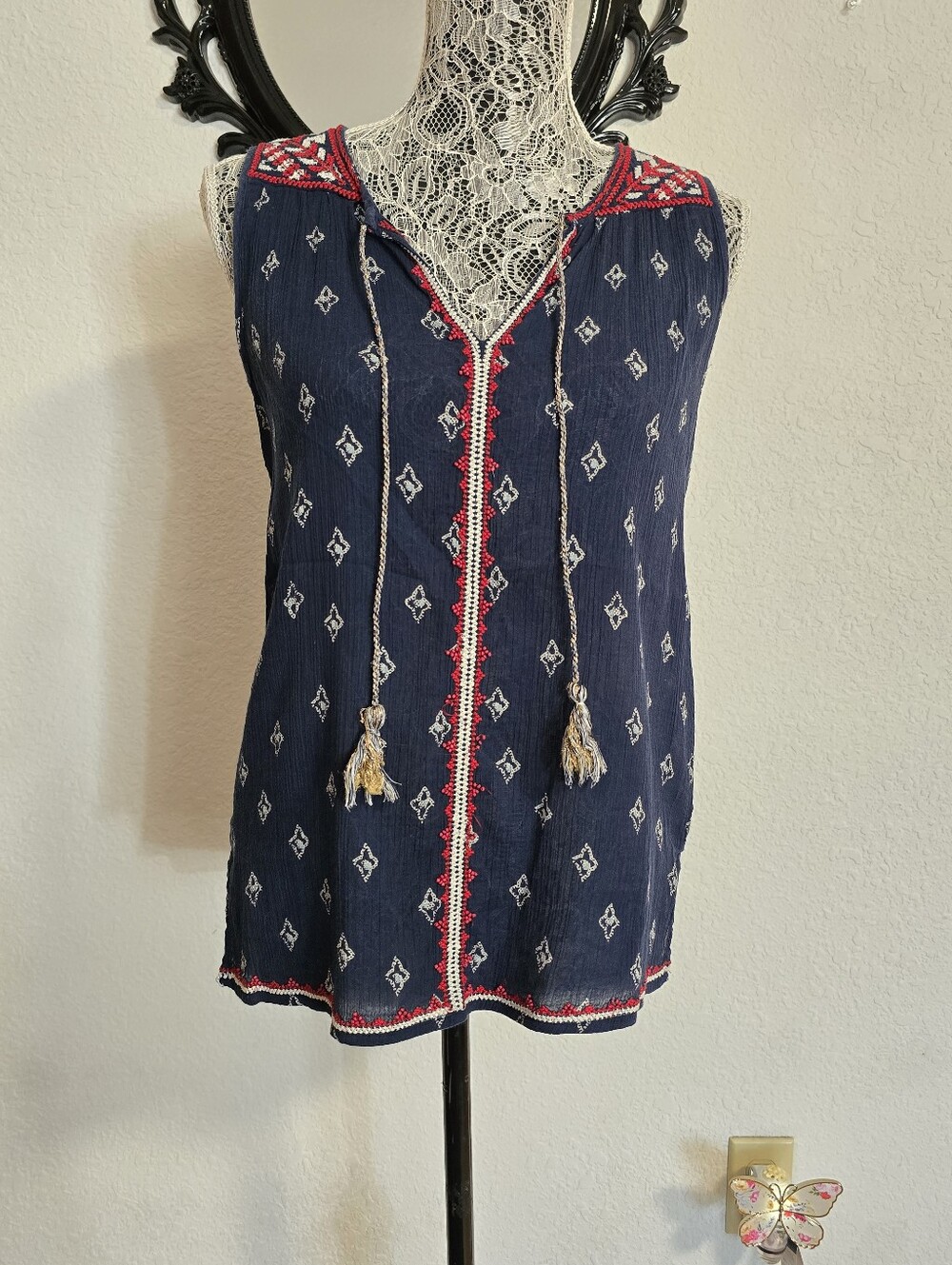 Lucky Brand Navy Sleeveless Embroidered Tassel Tie Camisole